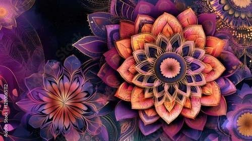 Vibrant floral mandala art abstract background digital design colorful close-up aesthetic beauty