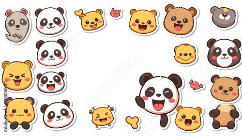 Cute panda stickers and patches featuring happy pandas, cool animals, winked panda sticker, bear emotions, kawaii characters, emoji, and doodles, icons, patches, emoji