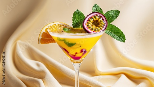 Tropical cocktail drink fruit garnish orange slice passion fruit mint leaves martini glass layered drink colorful beverage refreshing summer drink exotic cocktail recipe party drink presentation.