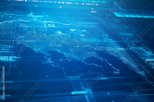 A futuristic digital hydrographic map glowing on a high-tech screen, displaying water depths and currents with copy space. 