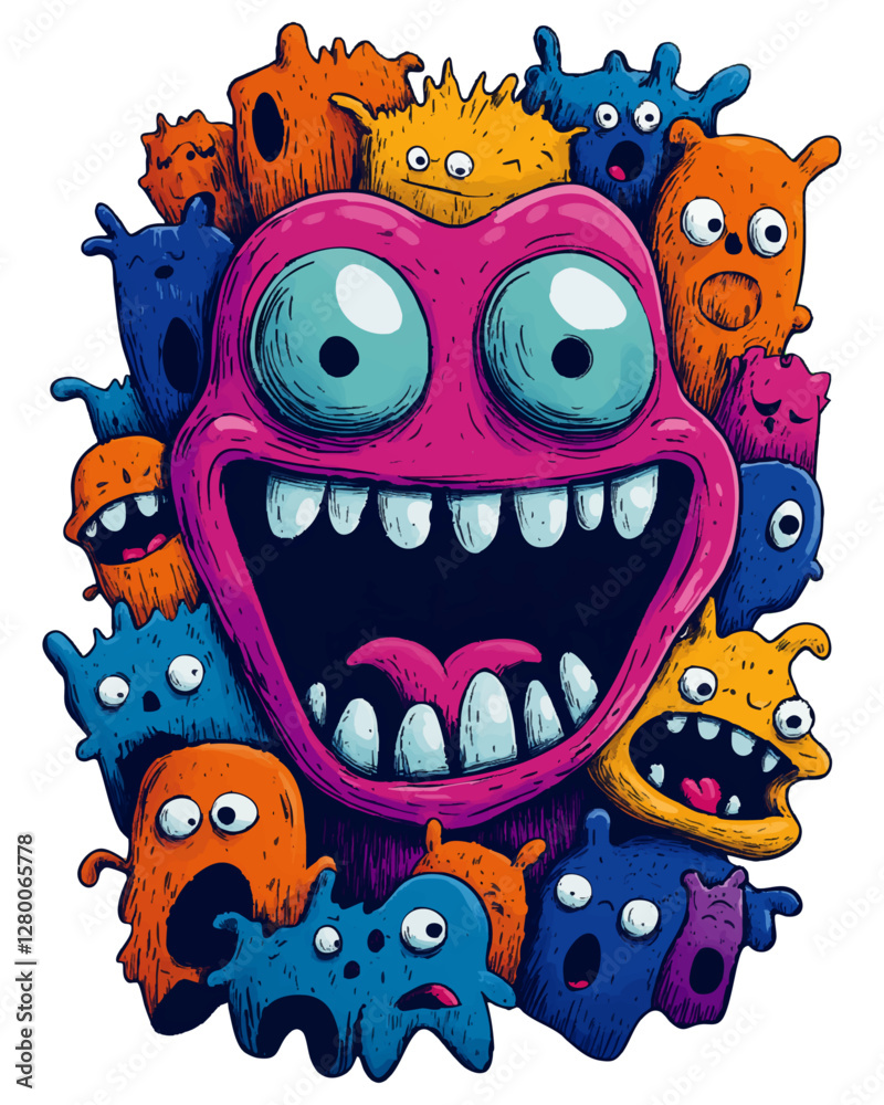 Fototapeta premium Colorful abstract monsters with exaggerated facial expressions in a playful and surreal artistic style 