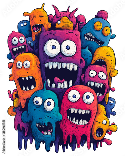 Colorful abstract monsters with exaggerated facial expressions in a playful and surreal artistic style  
