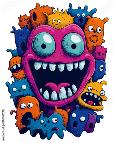 Colorful abstract monsters with exaggerated facial expressions in a playful and surreal artistic style  