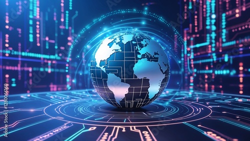 Futuristic digital globe technology circuit board global network data visualization AI artificial intelligence cyber world earth tech innovation connectivity virtual reality digital transformation.