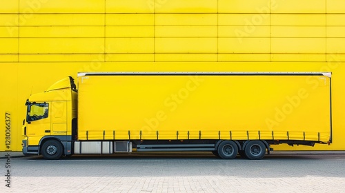 Yellow truck parked against yellow wall (1) photo