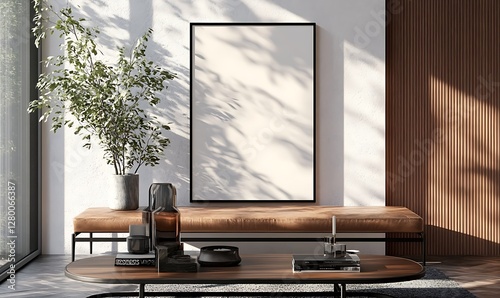 Frame mockup, ISO A paper size. Living room wall poster mockup. Interior mockup with house background. Modern interior design.