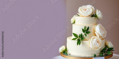 Fototapeta Naklejka Na Ścianę i Meble -  elegant three tier wedding cake with white peonies and greenery, dessert, wedding, bridal