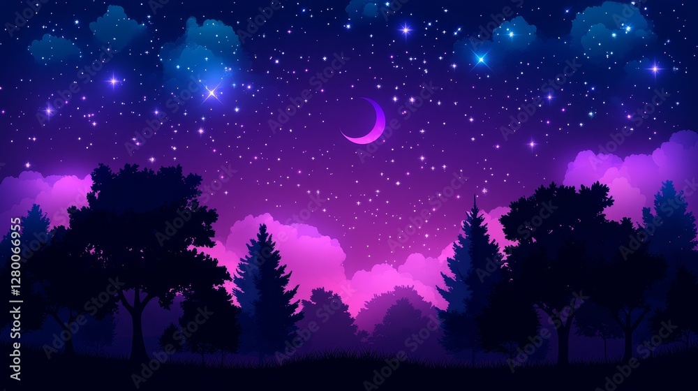 Pixelated nightscape with starry skies crescent moon serene tree silhouettes and dreamy purple landscape for digital arts projects Pixelated nightscape with starry skies crescent moon serene tree silhouettes and dreamy purple landscape for digital arts projects