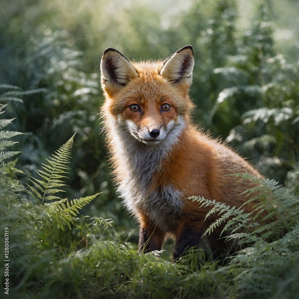 A soft-focus watercolor painting of a fox cub emerging from behind ferns, against a crystal-clear background. A soft-focus watercolor painting of a fox cub emerging from behind ferns, against a crystal-clear background.