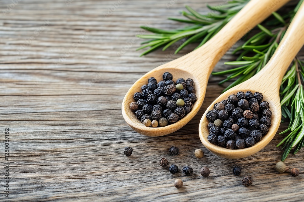 Spices, black pepper and rosemary in wooden spoons on a rustic wood background Spices, black pepper and rosemary in wooden spoons on a rustic wood background