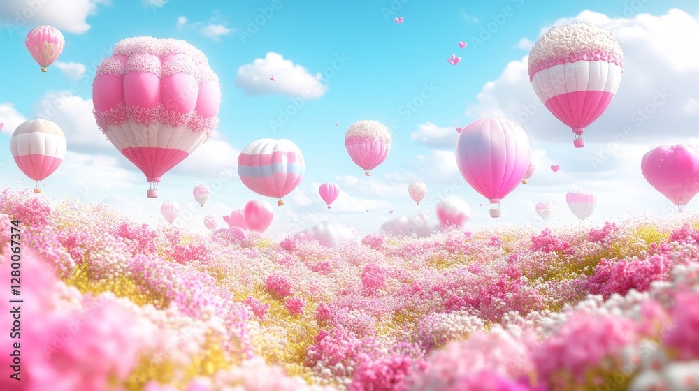 Obraz premium Dreamscape of aerial fantasy featuring delicate pink balloons over flowering meadow ethereal atmosphere creative design