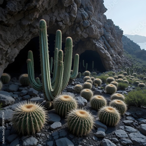 Echinopsis atacamensis ( pasacana subspecies ) cacti and cave on Incahuasi Island, photo