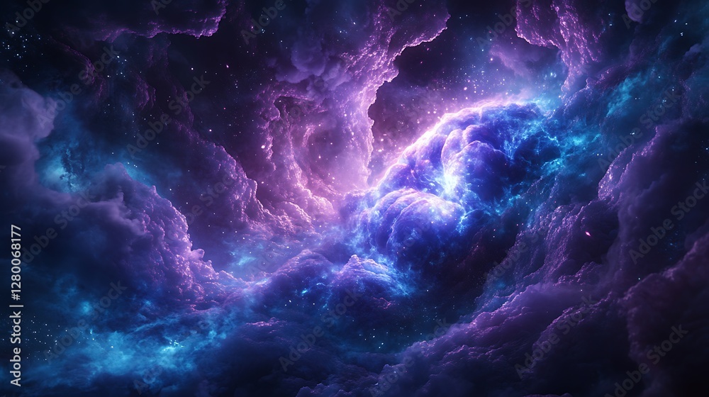 A neural network brain disintegrating into a quantum singularity, vivid blue and purple energy spirals surrounding it, glowing synapses radiating light, cosmic energy particles floating around,