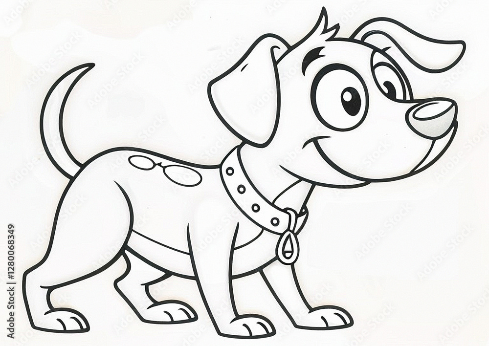 Cartoon outline drawing of a dog with a collar on a white background. Cartoon outline drawing of a dog with a collar on a white background.
