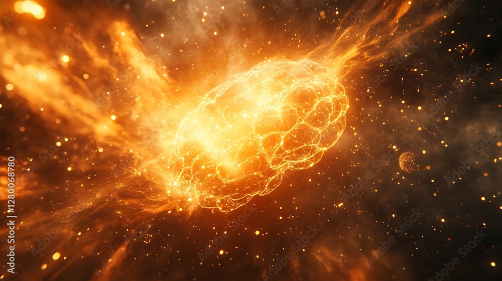 Naklejka premium A radiant brain firing intricate bursts of neural light, surrounded by dynamic quantum particles entangled in energy fields, luminous beams creating depth,