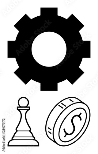 Gear emphasizes workflow, chess pawn symbolizes strategy, and coin highlights financial focus. Ideal for teamwork, success, planning, leadership, economics, operations abstract line flat metaphor
