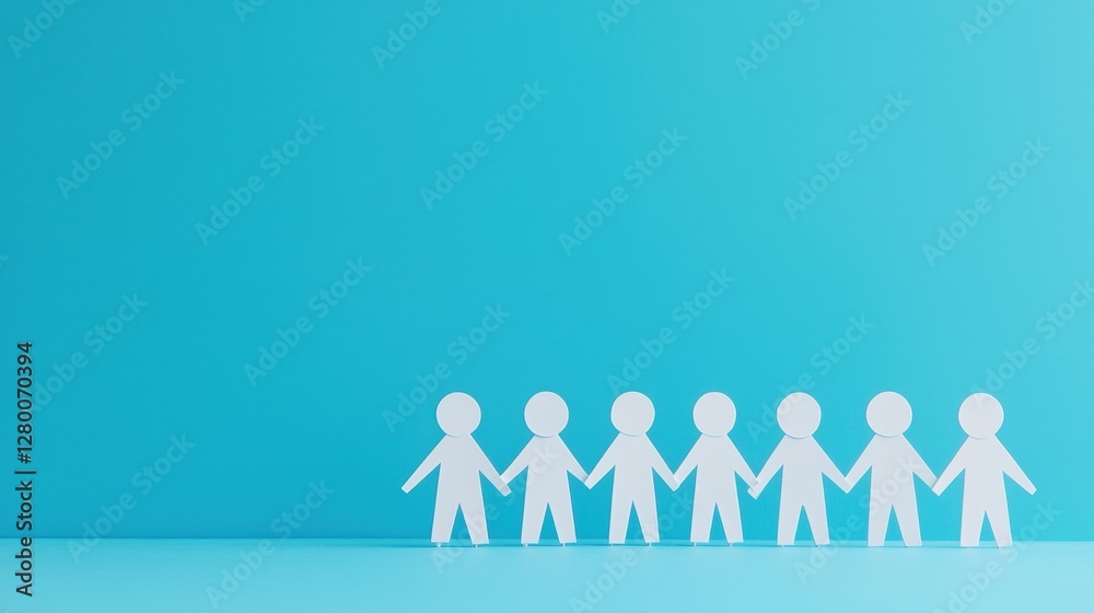 Paper Figures Holding Hands Together in a Row on a Light Blue Background Symbolizing Unity, Connection, and Community Spirit in a Simple Design Paper Figures Holding Hands Together in a Row on a Light Blue Background Symbolizing Unity, Connection, and Community Spirit in a Simple Design