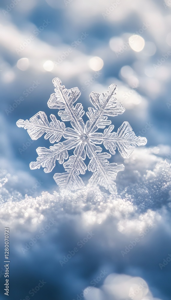 A single delicate snowflake rests upon white snowy surfaces A single delicate snowflake rests upon white snowy surfaces