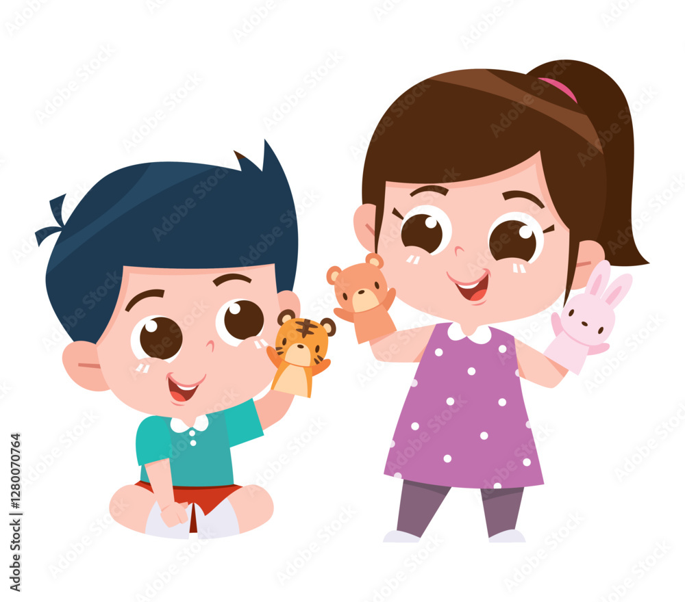 A delightful digital illustration of a boy and girl happily playing with hand puppets. A delightful digital illustration of a boy and girl happily playing with hand puppets.
