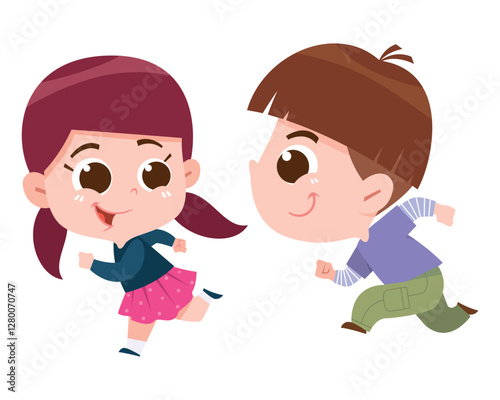 A fun and energetic digital illustration of a boy and girl running happily
