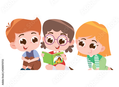 A delightful digital illustration of three children sitting together, happily reading a book.
