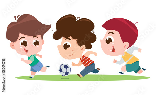 A fun and energetic digital illustration of three boys playing soccer on a grassy field.