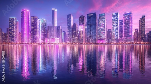 Neon dream cityscape glistening waters reflection of future urban skyline vibrant colors nightlife downtown metropolis panoramic view