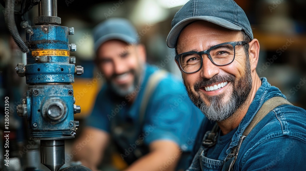 Smiling factory worker, colleague blurred, machinery background, industrial teamwork