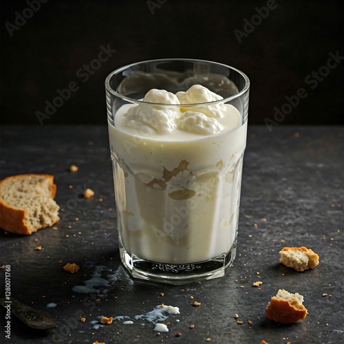 A glass of spoiled milk with curdled chunks floating on top, surrounded by a dirty table and crumbs.  photo