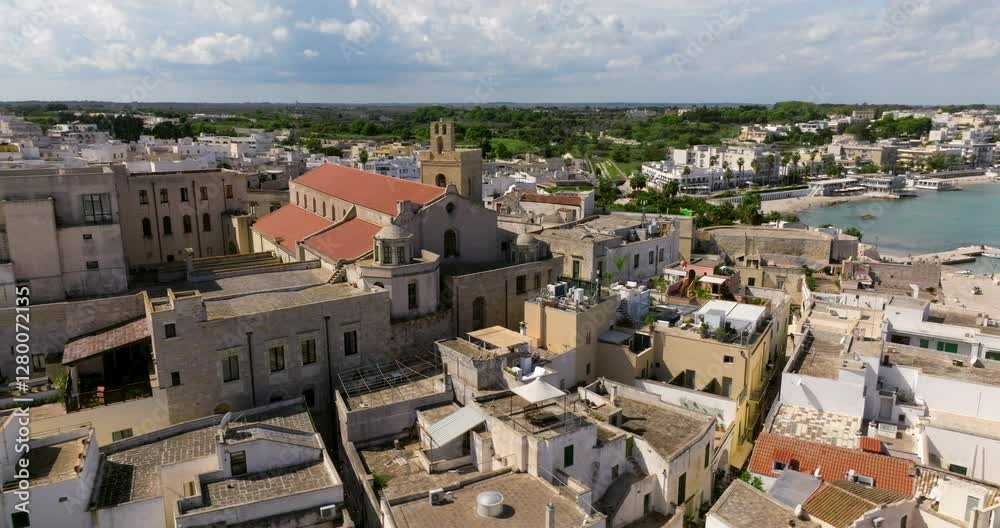 Above View Of Medieval Coastal Town Of Otranto In Apulia Region, Southern Italy. Aerial Drone Shot Above View Of Medieval Coastal Town Of Otranto In Apulia Region, Southern Italy. Aerial Drone Shot