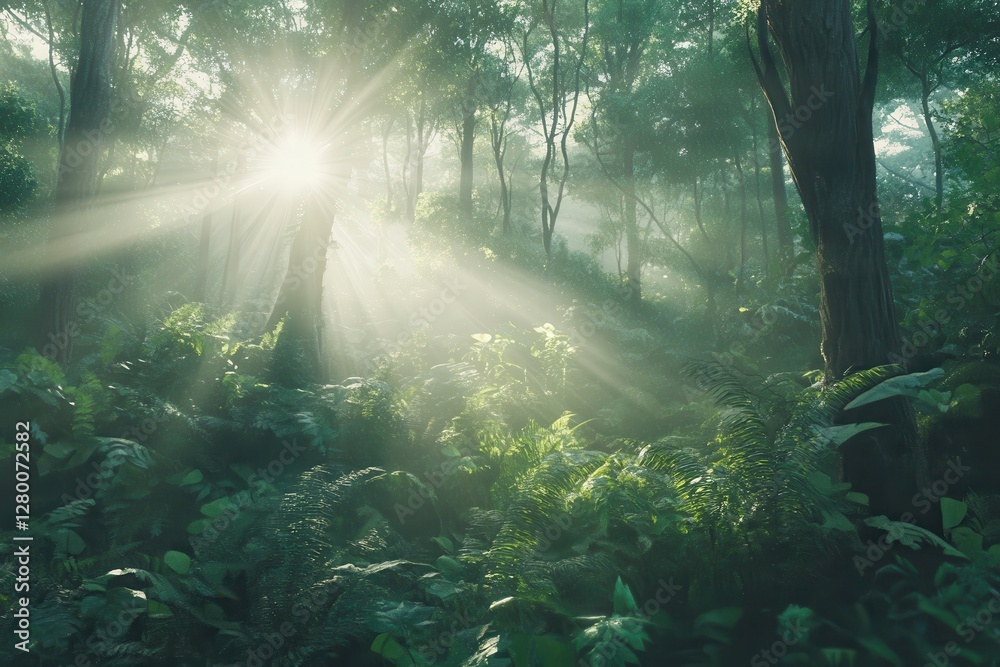 Fototapeta premium Sunbeams pierce a misty, lush forest. Perfect for illustrating tranquility, nature, or eco themes.