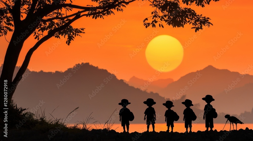 Fototapeta premium Children Silhouetted Against a Vibrant Sunset Over Mountain Landscape with Tree, Capturing Joy and Freedom in Nature's Beauty
