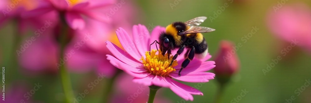 Close-up of bumblebee collecting nectar from vibrant pink flower, bumblebee, colorful Close-up of bumblebee collecting nectar from vibrant pink flower, bumblebee, colorful