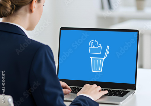 Businesswoman using a laptop with a digital Recycle Bin icon on the screen. A modern concept of file management, digital organization, and data deletion in the workplace. photo