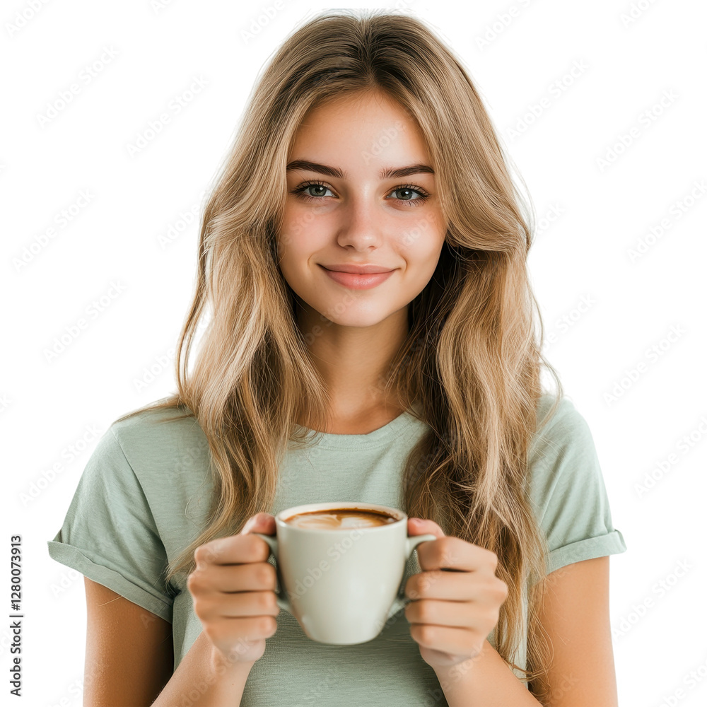 Happy young woman holding a green cup, isolated on transparent background Happy young woman holding a green cup, isolated on transparent background