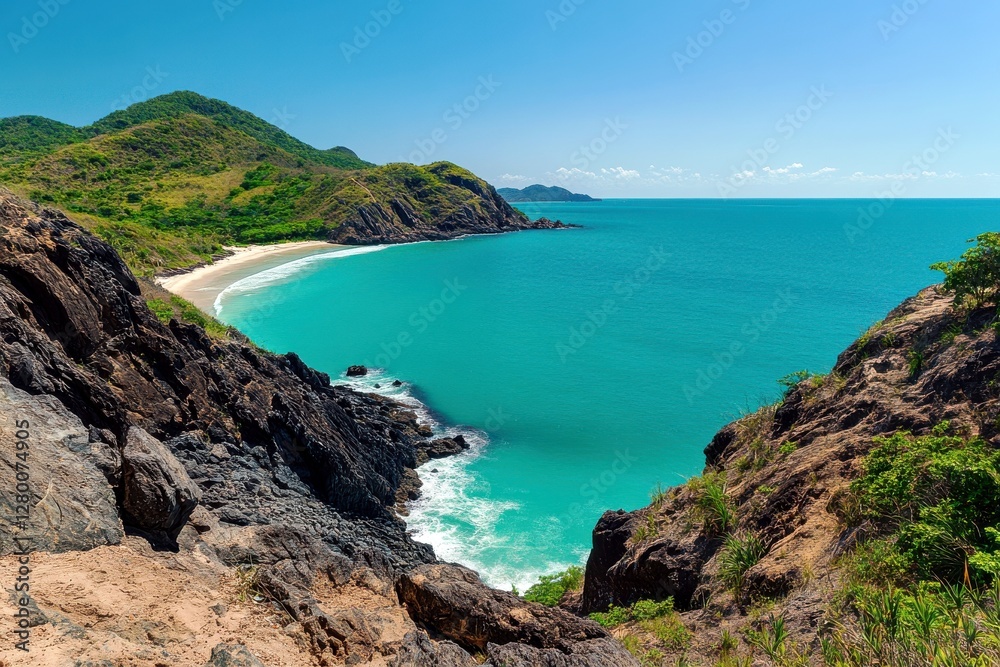 Serene Coastal Landscape Featuring Rocky Cliffs and Clear Turquoise Waters Under a Bright Blue Sky on a Sunny Day Serene Coastal Landscape Featuring Rocky Cliffs and Clear Turquoise Waters Under a Bright Blue Sky on a Sunny Day