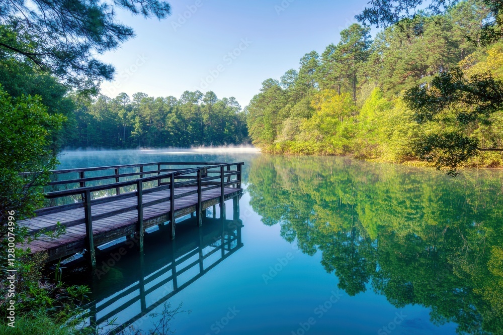 Serene Morning Reflection Over Tranquil Lake Surrounded by Lush Green Forest and Wooden Dock in Southern Landscape Serene Morning Reflection Over Tranquil Lake Surrounded by Lush Green Forest and Wooden Dock in Southern Landscape