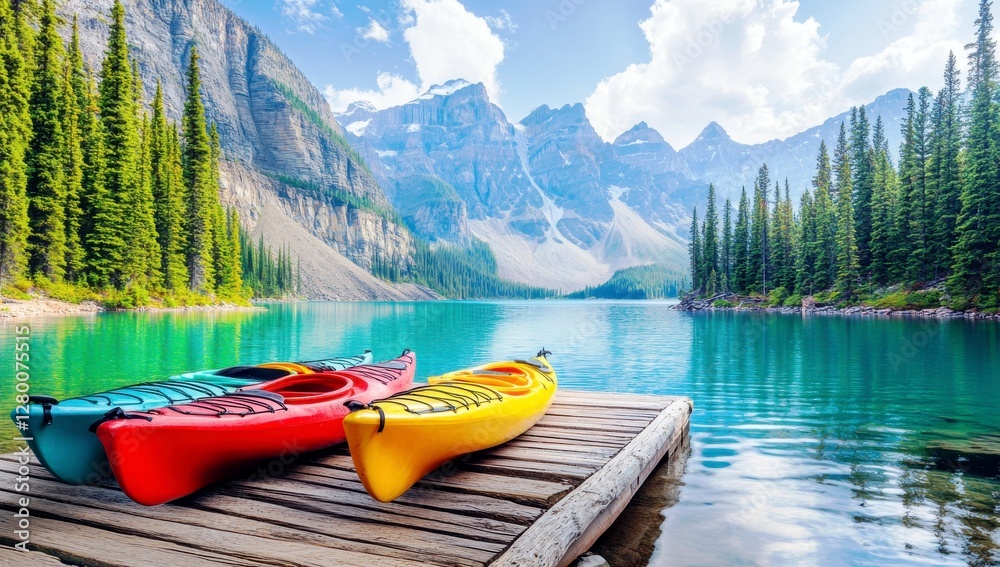 Colorful Kayaks Resting on Dock with Stunning Mountain Reflection on Crystal Clear Lake Surrounded by Lush Green Pine Forest and Majestic Peaks