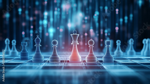 Wallpaper Mural A digital illustration of a futuristic chess game with glowing pieces, holographic effects, and a high-tech board. Perfect for strategy, AI, and technology themes. Torontodigital.ca