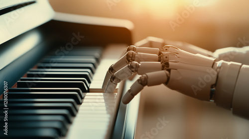 A humanoid robot gracefully plays the piano under soft, warm lighting, symbolizing the fusion of AI and creativity. Ideal for technology, music, and futuristic innovation concepts.