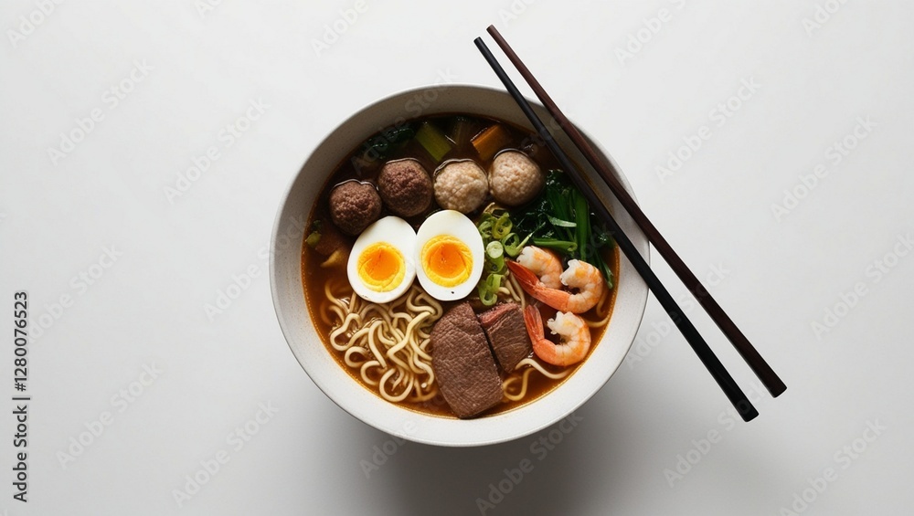 Fototapeta premium Delicious Ramen Bowl with Egg, Meat, and Vegetables – Traditional Japanese Cuisine, Hot Soup, and Gourmet Noodles for Lunch or Dinner