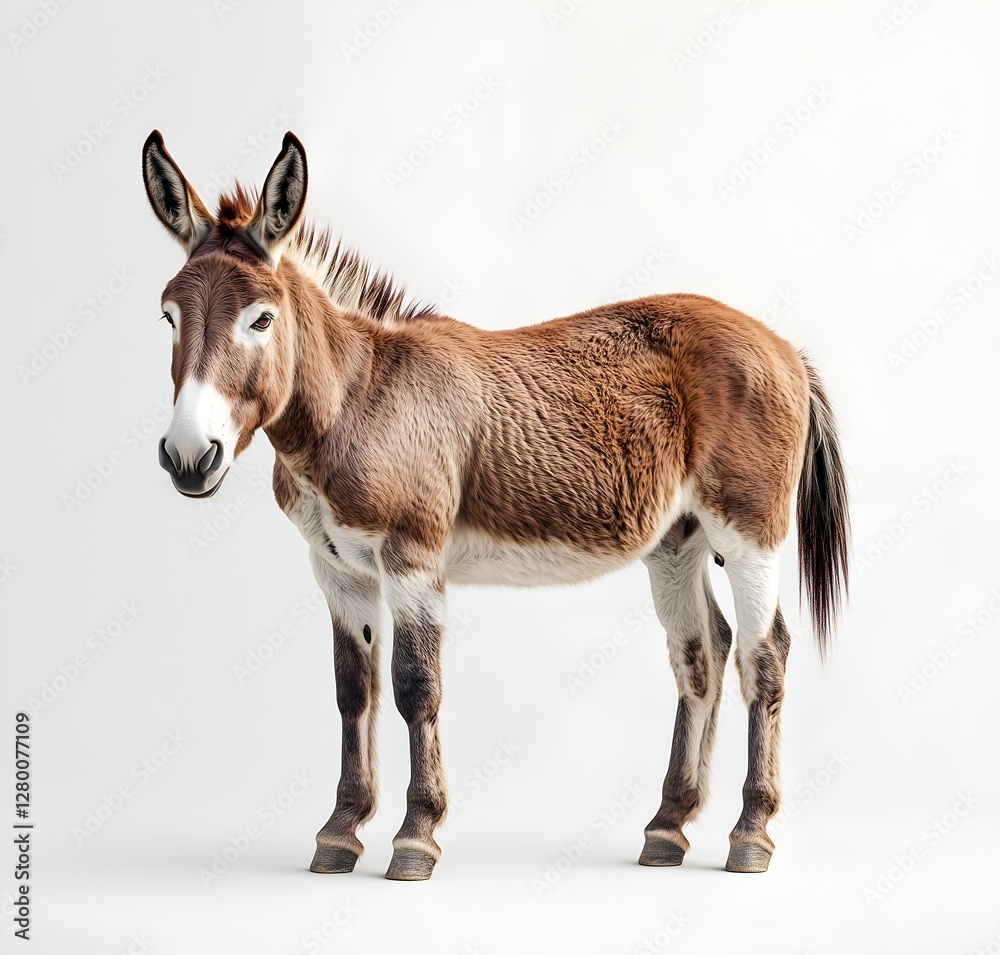 A donkey standing proudly on a clean, white surface with a neutral background A donkey standing proudly on a clean, white surface with a neutral background