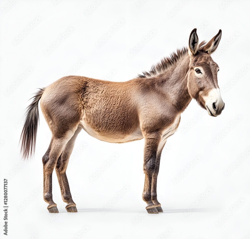 A donkey majestically posed against a pure white background in an elegant and simple composition A donkey majestically posed against a pure white background in an elegant and simple composition