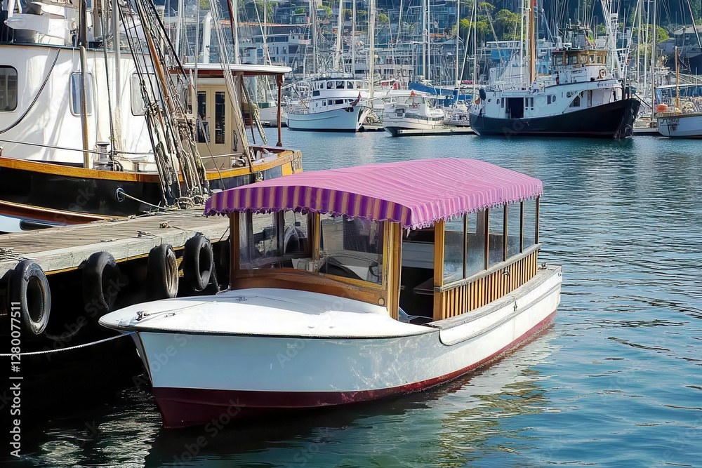 Charming Wooden Boat with Purple Canopy Docked in Serene Harbor Surrounded by Various Sailboats and Yachts on a Clear Day with Calm Waters Charming Wooden Boat with Purple Canopy Docked in Serene Harbor Surrounded by Various Sailboats and Yachts on a Clear Day with Calm Waters