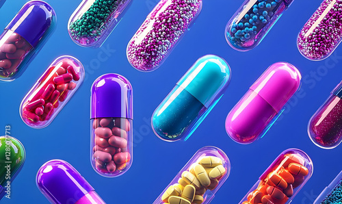 Probiotic Capsules Collection, a vibrant display of diverse probiotic capsules in various colors and shapes, emphasizing health and wellness benefits.