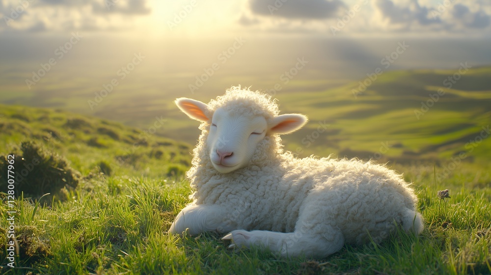 A peaceful sheep resting comfortably in a lush green meadow surrounded by vibrant grass and natural beauty A peaceful sheep resting comfortably in a lush green meadow surrounded by vibrant grass and natural beauty