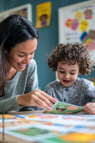A teacher helps a small child recognize emotions using illustrated flashcards