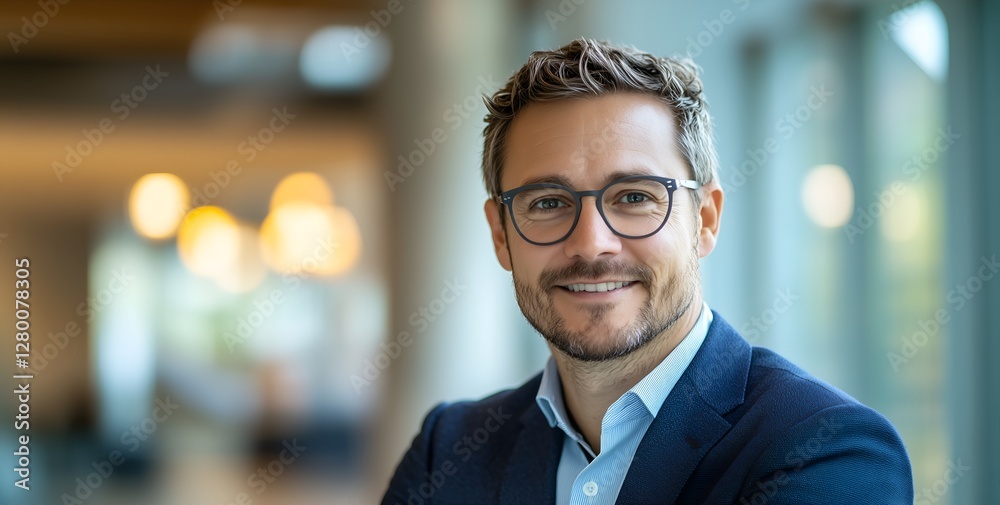 Fototapeta premium A man wearing glasses and a stylish blue jacket posing confidently against a neutral background