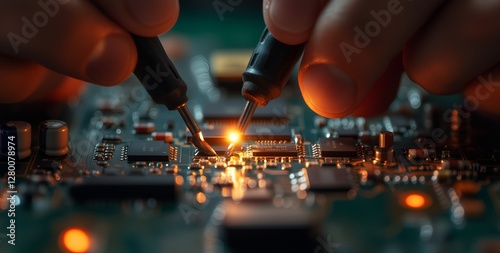 A person meticulously working on a complex electronic circuit with a small piece of metal in a welllit workspace