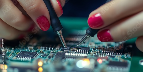 Closeup of a womans hands skillfully holding a pair of pliers while engaged in a DIY project or maintenance task photo